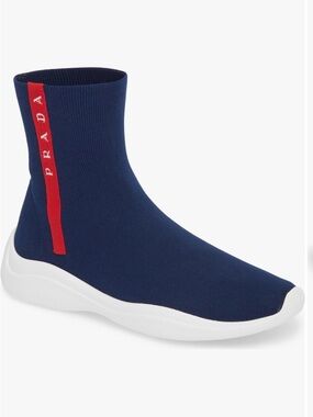 Prada Navy Blue Knit Sock Sneaker with Red Stripe and White Sole
